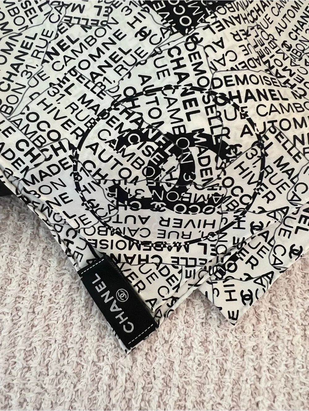 CHANEL Black and White Logo Silk Scarf